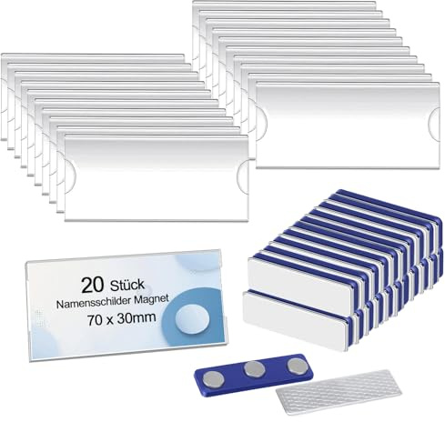 20 placas magnéticas para nombre, 70 x 30 mm, para ropa, magnéticas para ropa, portatarjetas de identificación con imán autoadhesivo