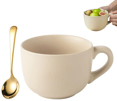Tazza da Caffè Grande in Ceramica con Cucchiaio, Tazza Grande in Ceramica da 800 ml, Ciotola per Zuppa con Manico, Utilizzabile in Microonde, Adatta per Yogurt, Cereali, Latte, Caffè, Gelato e Cereali
