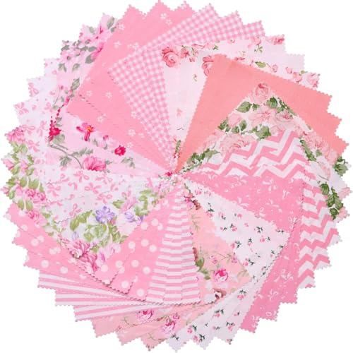 Evadollina Patchwork Fabric Bundle, 42 Fabric Pieces for Sewing, Pink Charm Packs for Quilting, Cotton Fabric Squares, for Sewing, Crafting, 5 x 5 Inches