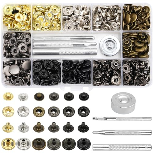 HZOUHONG 120 uppsättningar med tryckknappsset, tryckknappar utan sömnad, metalltryckknappsklämmor 12 mm, 6 färger tryckknappar metall, för läder hantverk jacka plånbok jeans handväska