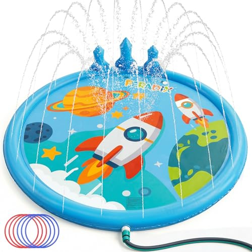 Peradix Raketer sprinkler lekmatta & ringkastspel för barn – vattenlekmatta med 6 kavlar (3 x röd, 3 x blå) för utomhusbruk, halkfri plaskdamm lermatta för trädgård och sommar
