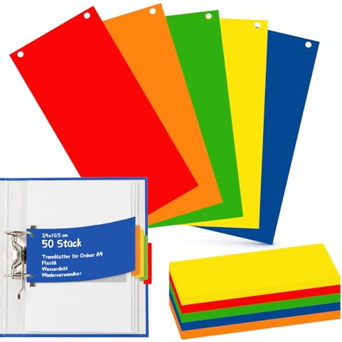 HZOUHONG Lot de 50 intercalaires en plastique pour classeur A4 | 24 x 10,5 cm Intercalaires pour classeur A4 Multicolore Intercalaires pour bureau, famille, université et école