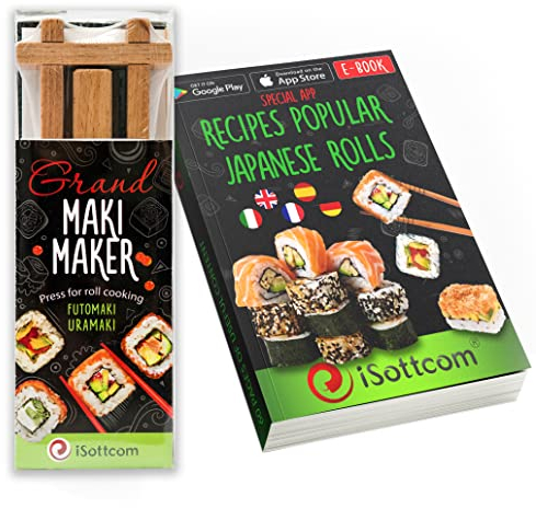 iSottcom Sushi Maker aus Buchenholz – Einfach japanische Sushi Rollen selber machen – Maki Set inkl. Rezepte App, Geschenkbox und Anleitung – Perfektes Sushi Geschenk für Anfänger & Profis