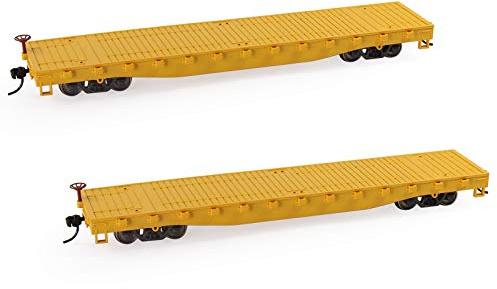 Evemodel C8741 2pcs HO Scale 1:87 52' Flat Car Flatbed Transporter 52ft Model Train Container Carriage Freight Car (Yellow)