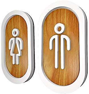 DOJA BARCELONA | Cartel para Baño | Hombre + Mujer | Color Madera | 100mm x180mm | Simbolo Adhesivo WC para Puerta | Placa Pegatina para Aseo, Aseos Cartel, Vinilo Adhesivo, Señal de Lavabo