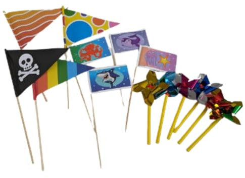 8 x Mixed Sand Flags & 6 Mini Windmills Ideal for Sandpits Beach Sandcastles
