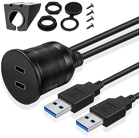 TNP USB C 3.0 infälld monteringskabel, dubbel USB-förlängningskabel 1,8 m 2 m för bilinstrumentbräda med instrumentpanelfäste, 2 portar typ A hane till C hona kontakt adapterkabel för båt motorcykel