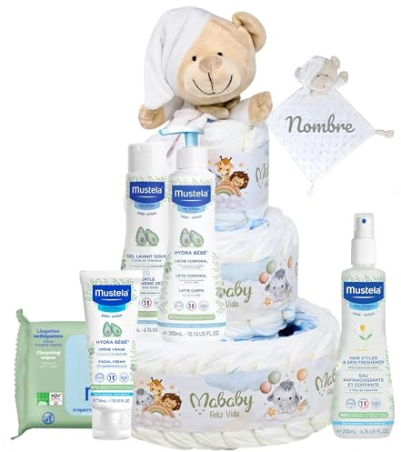 Mababyshop Tarta de Pañales para Bebé con Doudou Osito Personalizado con Nombre Bordado, 42 Pañales Pingo Talla 2, Set Aseo Bebé Mis Primeros Cuidados, Regalo Recién Nacido (Blanca)