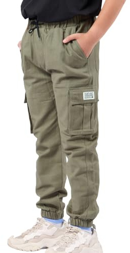 NATUST Pantalon Cargo Garçon Ado Jogging Taille Élastiquée Pantalons Enfant Décontracté Vert armée 9-10 Ans (Taille du Fabricant : 150)