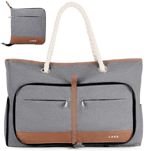 Lekespring XXL Grand Sac de Plage Femme avec Compartiment Chaussures Séparé, 35 Litres - Cabas Plage Pliable Imperméable, Idéal pour la Plage, les Voyages et un Usage Quotidien - Gris