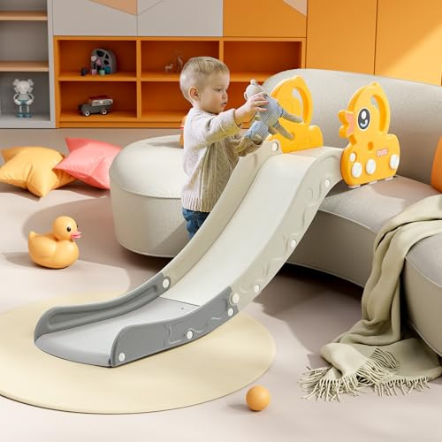 Indoor Kids Baby Couch Slide for Toddler 1-3, Sofa Slide Add-on Attachment for Bed Nugget Playgrounds, with Secure Base Guardrail, Gentle Slope Extended Buffer Zone, Fun Duck Design, Yellow