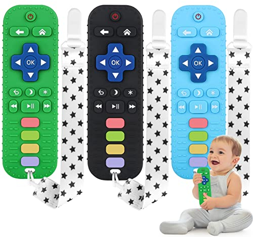 WUJUN Silikon-Beißspielzeug für Kleinkinder, ferngesteuerte Beißringe für Babys, Kauspielzeug, Relief-Beruhigungs-Set, BPA-frei/einfrierbar/spülmaschinen- und kühlschrankfest (Schwarz+Grün+Blau)