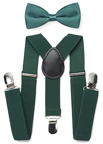 NANXJIUR Set di papillon con bretelle per bambini, con papillon elastico a forma di Y con clip forti, set di bretelle regolabili per ragazzi e ragazze, verde, S