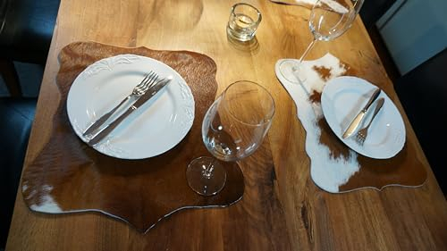 unendlich schoen - 2er Platzset Platzdeckchen, echt Kuhfell abwaschbar, Tischset natürlich rutschfest, Deko Telleruntersetzer Esstisch Wohnzimmer (braun Weiss, 40 x 38 cm)