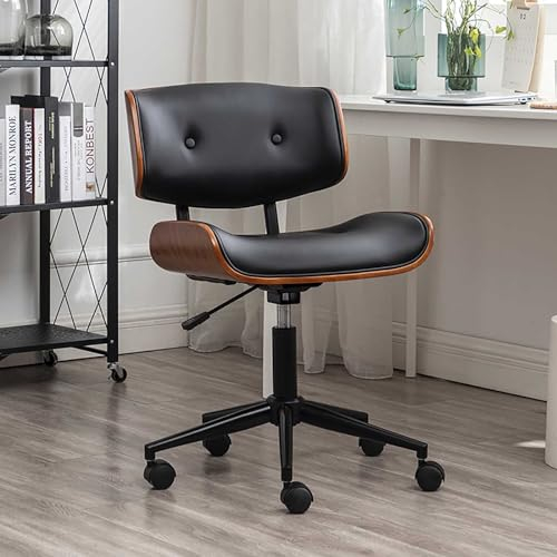 YSYJ Moderner Computerstuhl aus PU-Leder,ohne Armlehnen mit Rollen,ergonomischer Sitz aus Bugholz,360-Grad-Drehstuhl mit mittlerer Rückenlehne,höhenverstellbar, für das Heimbüro, 1788184