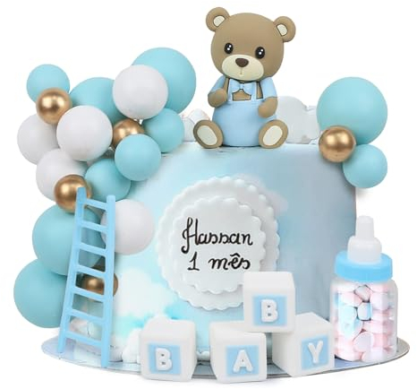 LARDUX 24 Stück Baby Dusche Kuchen Dekorationen, Teddybär Kuchen Dekoration DIY Kuchen für Baby Junge Mädchen Geburtstag Party Bär Baby Dusche Dekor - Blau