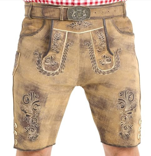 SYMPHONIE WESTERWALD Bayerische Herren Trachten Lederhose mit Trachtengürtel + Hosenträger, speckig, antik Look, Antikbraungrau, Gr. 48