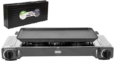 Amig - Hornillo Camping Gas | Cocina Portatil | 2X Quemadores | Incluye Plancha - Parrilla De Fundicion | Acero Inoxidable | 2,2 Kw Potencia x 2