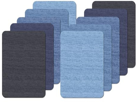 iwiio 10Pcs Denim Patches for Jeans Iron on, Rectangular Blue Cotton Denim Patches for Clothing Repair and Decoration Kit - 4.9 x 3.8 in