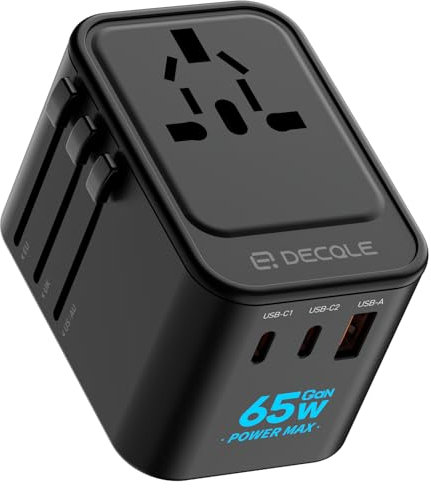 decqle Adaptateur Prise Universelle, Adaptateur Voyage International avec 2 Ports USB-C(GaN 65W) ＆ 1 USB-A, Concerner France vers USA, UK, EU, AU ＆ 224+ Pays (Noir)