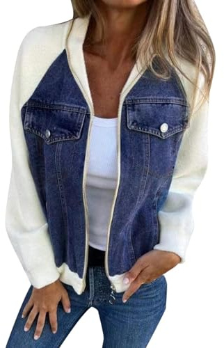Veste en Jean Moderne Liviiaa, Veste Moderne avec Tissu Denim, Veste D'extérieur Décontractée à Capuche pour Femme, Manches Longues, Fermeture éclair, Coutures en Denim, Automne-Hiver (Bleu,M)