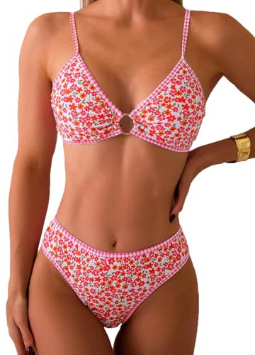 Fanuerg Conjunto de Bikini Triangular para Mujer, Traje de baño de Dos Piezas con Anillo en O, Estampado Floral, Traje de baño Atrevido, Rojo, Rosa (Rose Red Floral), M