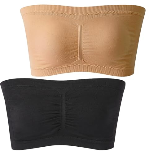 mtuihfo 2 PCS Bandeau Tops Women, Strapless Bras, S, Black&Apricot