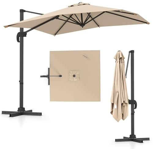 COSTWAY Ombrellone da Giardino 245 cm, Ombrellone Quadrato da Esterno Rotante a 360°, 5 Posizioni di Inclinazione Regolabili, 8 Stecche, Manovella (Beige, 245 x 245 x 238 cm)