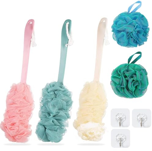 Spugna per Doccia con Manico, 5 Pezzi Spugna da Bagno, Spazzola da Doccia con Manico Lungo, con 3 Ganci, per la Schiena, Spugna da Massaggio Scrubber Peeling da Bagno