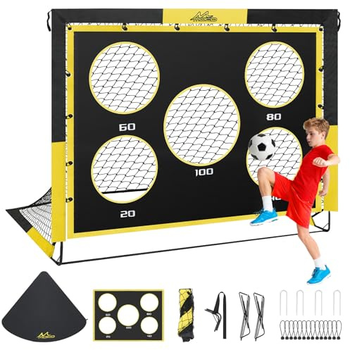 MoKo Porta da Calcio per Giardino, 5×4 FT Pop-Up Rete da Calcio di Grandi con Pannello Bersaglio, Attrezzatura di Allenamento Calcio Portatile per Bambini, Gioco Sportivo Esterno, Nero+Giallo