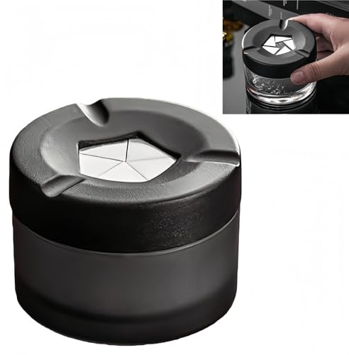 Vyloky roterande lock askkopp av glas – hög kvalitet, tätt stängande och vindstabil för eleganta röktillbehör i vardagsrummet, kontoret och utomhus (svart-matt)