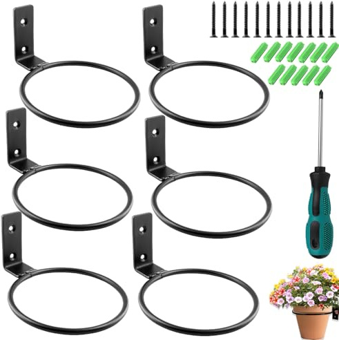 GOIEHIR Support Mural pour Plantes, 6 pièces Support Mural pour Plantes 15 cm, Anneau métallique pour Montage Mural, avec vis et Tournevis, pour Pots de Fleurs, Jardin, Balcon, Noir