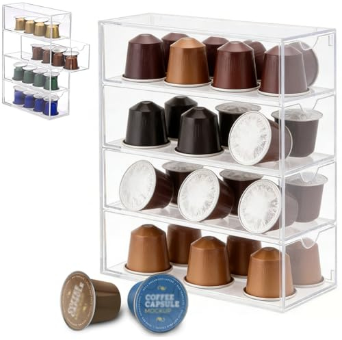 Porta Capsule Caffè con 4 Cassetti Trasparenti - Porta Cialde per Nespresso, Dolce Gusto, Lavazza A Modo Mio - Organizer Salvaspazio per Cucina e Ufficio, Ideale per Amanti del Caffè