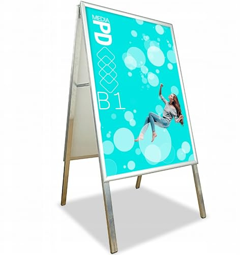 PDmedia Kundenstopper B1 Werbeaufsteller beidseitig - Plakatständer mit UV Schutzfolie und Klapprahmen - Plakatständer für Gastronomie und Handel - Wetterfest 70 x 100 cm - Silber
