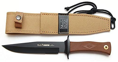 Muela Cuchillo SCORPION-18N hoja de acero ACX-380 de 18 cm teflonada empuñadura de goma y funda desierto para Caza, Pesca, Supervivencia y Bushcraft Realizado en Ciudad Real + Portabotellas de regalo