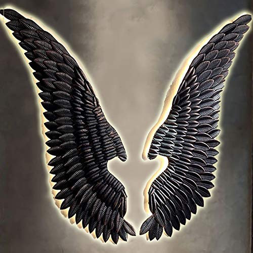 Scultura da Parete con Ali d'Angelo Nero, Design Artigianale, sculture in bassorilievo realizzate a Mano, per la Decorazione della Parete, murales realistici retrò, con Illuminazione-Set di