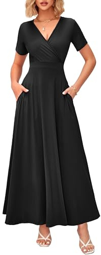 WNEEDU Women's Summer Maxi Dress Short Sleeves Wrap V Neck Long Dresses with Pockets(Black,L)