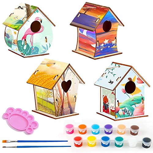 DIY Vogelhaus Bausatz für Kinder,4 Stück Vogelhaus zum Bemalen für Kinder,Holz Vogelhaus Puzzle Machen Set,Vogelhaus zu Bauen und Malen,Vogelhaus Bausatz Kinder Kreative Bastelsets,DIY Birdhouse