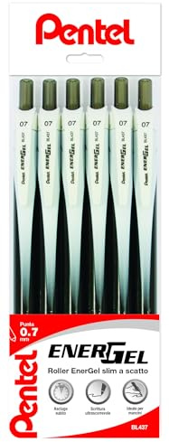 Pentel BL437 Energel Slim roller gel ultrascorrevole a scatto 0,7 mm nero, 6 pezzi