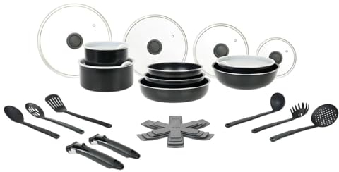 Sitram 715802 Batterie Cuisine Alu 26 Pcs : 2 manches amovible 3 Poêles Ø20,22,26cm 2 Casseroles Ø16,20cm 1 Wok Ø28cm 1 Sauteuse Ø24 cm 7 Couvercles 6 ustensiles 4 feutrines - compatible induction