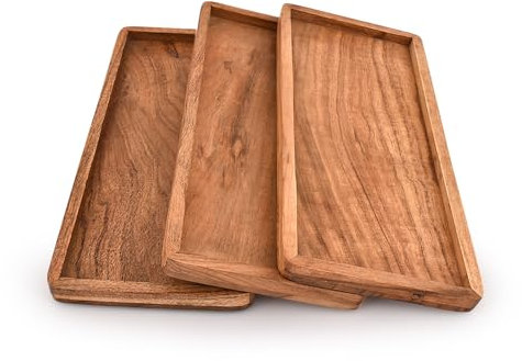Mahasu Platter Acacia Wood Serving Platters Set of 3 Cake Appetizer Plates Kitchen Charcuterie Platter for Food (Set of 3) (12 X 6 X 0.75)