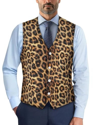 POLERO Gilet de costume pour homme avec boutons et col en V - Imprimé coloré - Tailles S à 4XL, imprimé léopard, L