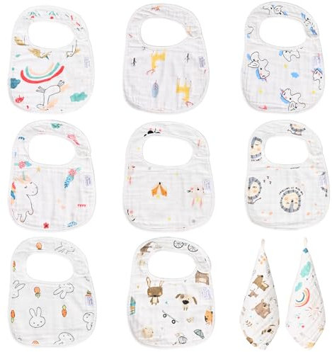 8PCS Lätzchen Baby Halstuch Wasserdicht Halstücher Sabberlätzchen Musselin Abwaschbar Latz + 2PCS Musselin Waschlappen Baby Kinder 2 Jahre Schlupflätzchen Babylatz Beikost Spucklätzchen Frottee Unisex
