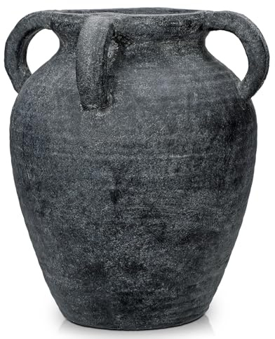 Hög 30 cm keramikvas handgjord vintage terrakottavas bordsvas med keramiska handtag för dekoration vardagsrum hemmakontor, vas för pampasgräs, rustik antik dekor, svart