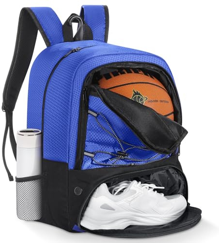 MoKo Basketball Bag Backpack, Soccer Backpack for Men & Women with Separate Ball and Shoes Compartments, Water-Resistant, Fence Hook, Sports Bag for Clothes, Shoes, Tablets, Laptops, Blue