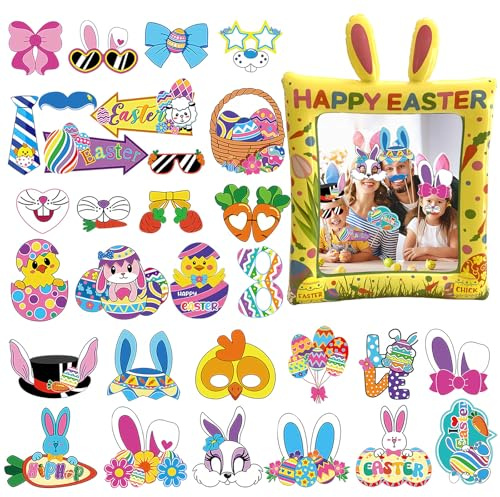 Easter Bunny Inflatable Selfie Frame Inflatable Photo Booth Frame with 30Pcs Photo Booth Props,Inflatable Rabbit Picture Frame Blow Up Party Prop Kit for Kids Adults Easter Party Games Accessories