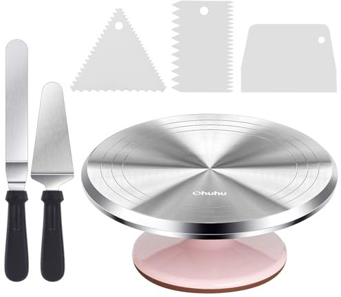 Ohuhu Piatto Girevole per Torte, 12 Pollici Set Decorazioni Torte Pasticceria in Alluminio, Vassoio per Torte Girevole con 2 Spatola Liscia e 3 Pettini Liscia