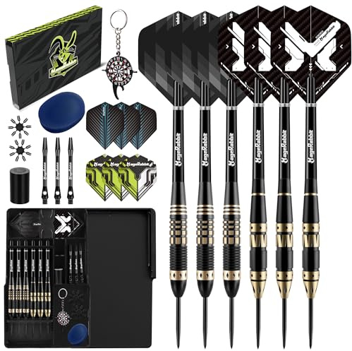MageRabbit Fléchettes avec pointe en métal 6 pièces, SteelDarts avec 9 tiges de fléchettes + 12 ailettes de fléchettes, fléchettes professionnelles avec boîte à fléchettes, ailettes et joints toriques