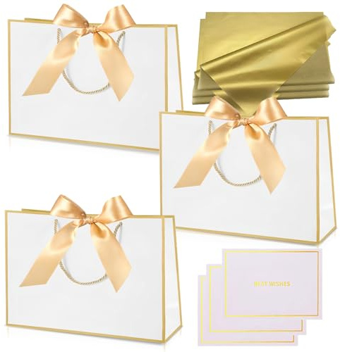 3 pièces Sacs Cadeau Or Blanc,Pochettes Cadeau en Papier Moyen avec Anse,Emballage Cadeaux avec Ruban d'Arc 3 Cartes 6 Mouchoirs,pour Anniversaires Mariages Fêtes Noël Paquet Luxe Elégantes