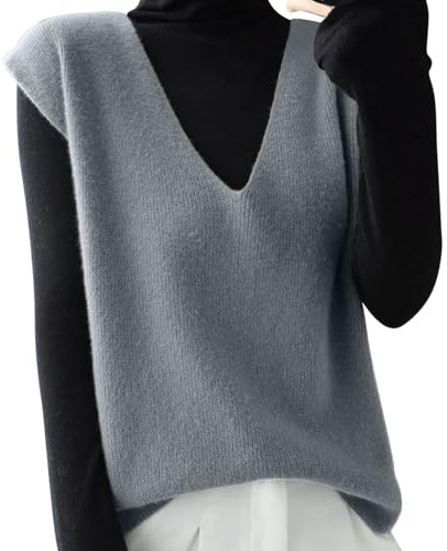 Generisch Chaleco de punto sin mangas para mujer con cuello en V, suéter de punto holgado y sin mangas para el ocio Vestido de novia, gris, L